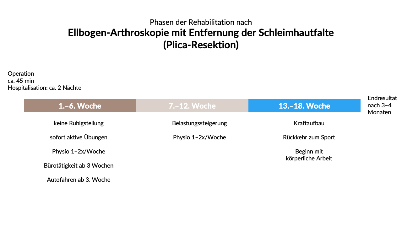 Phasen der Rehabilitation nach Ellbogen-Arthroskopie mit Entfernung der Schleimhautfalte (Plica-Resektion)