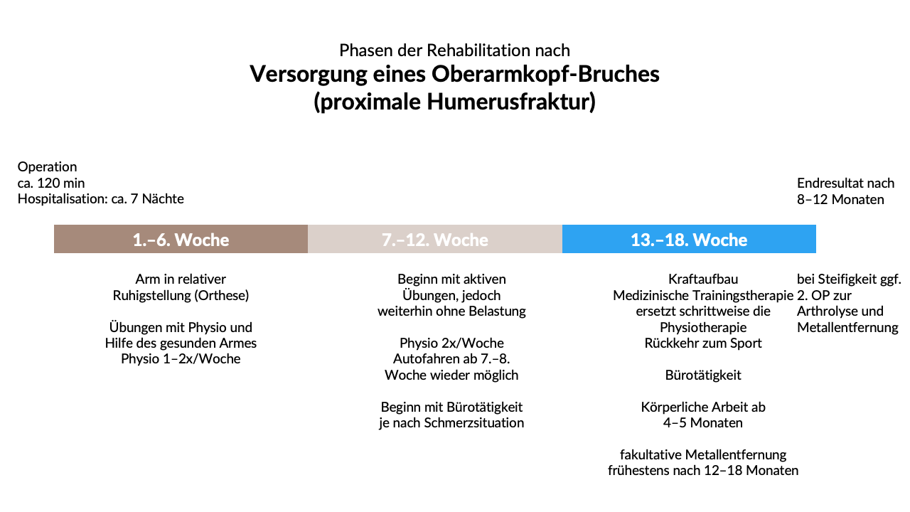 Phasen der Rehabilitation nach Versorgung eines Oberarmkopf-Bruches (proximale Humerusfraktur)